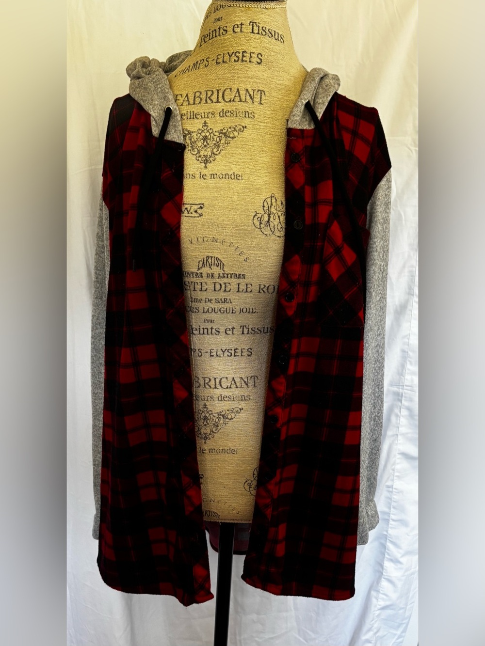 Stella Tweed Women’s Mixed Media Button Up Hoodie in Red/Black Plaid Sz 3X